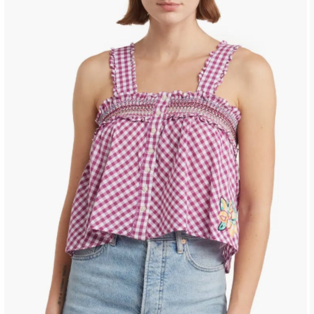 French Connection Adla‎ Gingham Smocked Top - Vivid Viola - XS